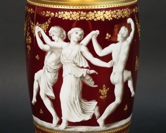 319	KPM Porcelain Vase Neoclassical Scene	KPM porcelain vase gilt and gilt enameled, with hand painted neoclassical scene with maidens and nudes dancing. 9"H. Blue KPM scepter mark, impressed numbers, red crown over DC and 9476 marks to the underside.
