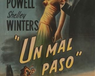 332	Un Mal Paso 1950s Movie Poster	1950s Argentine one sheet movie poster, Un Mal Paso (Take One False Step), starring William Powell and Shelley Winters, Universal International. 41 3/4" x 27 1/4" (with frame 49" x 34 3/4"). 4 horizontal creases to poster, holes at corners, some waviness to paper, minor tears along creases, minor losses to color.
