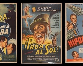 333	3 Vintage 1940s 1950s Movie Posters Argentina	3 vintage one sheet movie posters, 1940s and 1950s. Detras de la mascara (Behind the Mask), Proa al sol (Always All Boats), Hipocresia (Blackmail). Each 43" x 29". All in Spanish, from Argentina. All unframed. All with staining, discoloration, creases, tears. Plastic torn on all.
