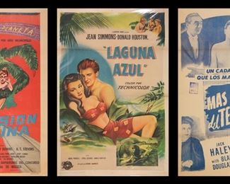 334	3 Vintage 40s & 50s Spanish Language Movie Posters	3 vintage one sheet movie posters, 1940s and 1950s. Science fiction, horror, romance. Laguna azul (The Blue Lagoon), 43" x 29 1/8";  Invasion de la luna (Missile to the Moon), 36 1/2" x 27"; Mas alla del terror (One Body Too Many) starring Bela Lugosi, 37 1/4" x 27 5/8". All unframed. All in Spanish, from Mexico and Argentina. All with stains, discoloration, tears, creasing. Plastic torn on all.
