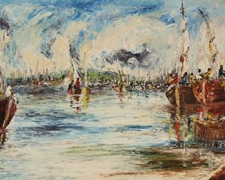 335	Raoul Viard Oil on Canvas Harbor Scene	Raoul Viard (Haiti, 1921-1984). Oil on canvas, boats in harbor scene. Signed lower right. 19 1/2" x 29 1/2" (with frame 23 3/4" x 33 1/2"). Minor losses to frame.
