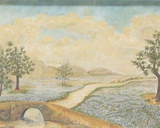 336	Oil on Board Landscape	Oil on board, landscape with wildflowers and river. Signed lower center with artist's monogram (JK / KL?). 11 1/2" x 7 1/2" (with frame 17 1/2" x 23 1/4").
