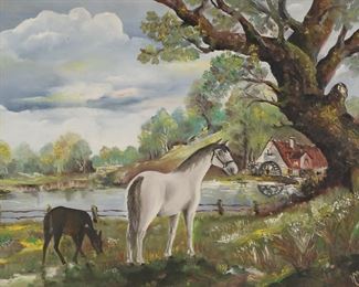 338	Oil on Board Horses in Landscape	Oil on board, horses in landscape. Signed illegibly lower right, H Mai?. 21" x 27" (with frame 27 3/4" x 33 3/4").
