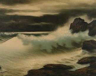 339	Oil on Canvas Seascape	Oil on canvas, seascape. Signed illegibly lower left (Molina?). 23 1/2" x 47 1/4" (with frame 30" x 54"). Warping to canvas lower left, chips to frame.
