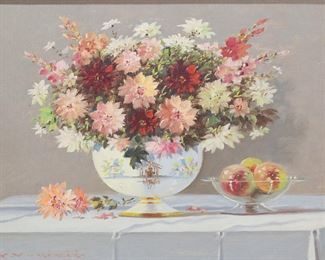337	Keist Vukovic Oil on Canvas Still Life	Keist Vukovic (20th century). Oil on canvas, still life with flowers and fruit. Signed lower left. 11 1/2" x 15 1/2" (with frame 15 1/2" x 19 1/2").
