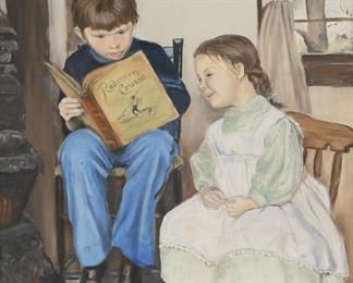 341	Signed Verda Oil on Canvas Children Reading	Oil on canvas, children reading Robinson Crusoe. Signed lower right Verda. 27 1/2" x 21" (with frame 34 1/8" x 28 1/8").
