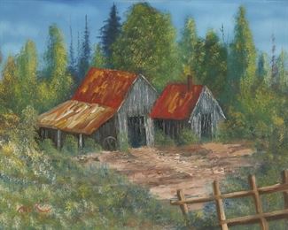 342	Signed Pierce Oil on Board Homestead Landscape	Oil on board, homestead landscape. Signed lower left Pierce. 17 1/2" x 23 1/2" (with frame 20 3/4" x 26 5/8"). Board loose in frame, chips and losses to frame.
