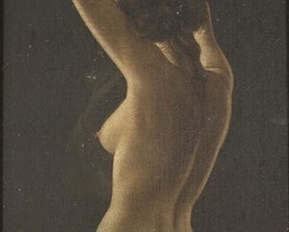 345	Print on Canvas Standing Nude	Print on canvas laid down on board, standing nude. Signed illegibly lower right. With a speaker mounted in the frame. 23" x 17 3/8" (with frame 28 1/4" x 22 3/4"). Scratches throughout, canvas loose in frame.
