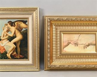 347	2 Art Prints on Canvas After Gerard & Michelangelo	"2 fine art prints on canvas. After Baron Francois Gerard, Cupid and Psyche, 9 1/2"" x 7 5/8"" (with frame 15"" x 13""); After Michelangelo, from The Creation of Adam, 4"" x 7 3/4"" (with frame 13"" x 16 1/2"").
"
