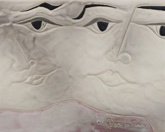 349	Gilbert Valentin Tile Plaque Two Faces	Gilbert Valentin (France, 1928-2001). Ceramic tile plaque, two faces. Signed lower center G. Valentin. 5 7/8" x 11 3/4" (with frame 7 1/8" x 13 1/8").
