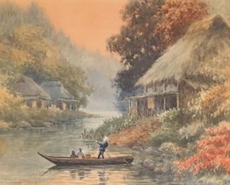350	Signed Yohida Watercolor River Landscape	Watercolor on paper, people on boat in river landscape. Signed lower right A. Yohida. 25 1/2" x 19" (with frame 28 1/2" x 22"). Scratches to sky.
