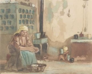 351	Interior Scene Etching	Interior scene etching, woman at stove. Signed illegibly (Cahr?) lower right. 16 3/4" x 10 1/2" (with frame 22 3/4" x 16 3/4"). Chips and losses to frame, discoloration to paper.

