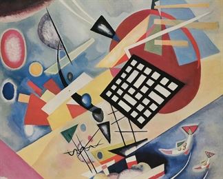352	After Wassily Kandinsky Print Black Frame	After Wassily Kandinsky (Russia, 1866-1944). Abstract print, after Black Frame. Artist's monogram in the plate lower right. 35 3/4" x 32" (with frame 49 7/8" x 46 1/4"). Chips to frame.
