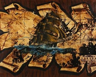 354	Signed Papaluca Mixed Media on Canvas	Mixed media on canvas, abstract ship with map. Signed lower right F. Papaluca. 23 3/4" x 35 3/4" (with frame 33 1/2" x 45 1/4"). Crazing throughout, some paint loss to edges, dents and impressions to canvas.
