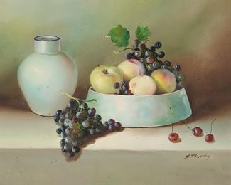 355	Signed Stavsky Oil on Canvas Still Life	Oil on canvas, still life with fruit. Signed lower right Stavsky. 17 1/2" x 23 1/2" (with frame 24 3/4" x 30 3/4"). Staining throughout, staining and discoloration to mat.
