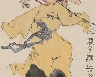 356	Chinese Watercolor of a Fisherman	Chinese watercolor of a fisherman. Signed with inscription and two red seals. 26" x 17 1/4" (with frame 32 5/8" x 23 5/8").
