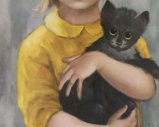 359	After Margaret Keane Print The Stray	After Margaret D.H. Keane (Peggy Doris Hawkins) (American, 1927-2022). Limited edition print, big eyed girl with cat, The Stray. Signed Keane in the plate upper right, and signed Keane International Art Galleries, titled and numbered 69/650 in pencil in the lower margin. 23 3/4" x 11" (with frame 35 1/4" x 22 1/2")
