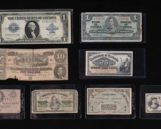 361	United States And Canadian Bank Notes	United States Ten Cent Fractional Currency. One Dollar Military Payment Certificate Series 481. 1863 Confederate States of America Fifty Cents. 1864 Series Confederate States of America 10 Dollar Note.  1923 One Dollar Silver Certificate. 1870 Dominion of Canada 25 Cent Fractional. 1900 Dominion of Canada 25 Cent Fractional. 1937 Bank of Canada One Dollar Note.
361	United States And Canadian Bank Notes	United States Ten Cent Fractional Currency. One Dollar Military Payment Certificate Series 481. 1863 Confederate States of America Fifty Cents. 1864 Series Confederate States of America 10 Dollar Note.  1923 One Dollar Silver Certificate. 1870 Dominion of Canada 25 Cent Fractional. 1900 Dominion of Canada 25 Cent Fractional. 1937 Bank of Canada One Dollar Note.
