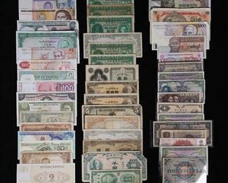 362	World Bank Notes	Nicaragua Cinco Centavos De Cordoba. Bank of Brazil cinquenta cruzados and mill cruzados. Bank of Peru diez intis and quinientos intis. Bank of Mozambique cinquenta escudos and cem escudos. Bank of Guyana one dollar. Bank of Suriname vilf en twintic gulden. Bank of Argentina cien australes. Bank of Ecuador cinco sucres. Bank of Bolivia diez pesos. Greek 10 and 200 drachma. Bank of Portugal cem escudos ouro. Bank of Poland 50 zloty. Bank of Spain 100 pesetas. Swedish 5 kronor. Slovenian 2 tolarja. Latvia 2 and 5 rubles. Mexican one peso. 2-1949, 2-1956 and 1957 Government of Hong Kong one dollar bills. Japanese 1, 10 and 2-50 Yen bills. Japan 5 pesos. Vietnamese 2, 20 and 3-1 Dong. Bank of Korea 1000 and 3-10 won notes. Bank of Taiwan one Yuan. Bank of Myanmar one kyat. Bank of Cambodia 1 and 900 riel. 1 Chinese Yi jiao. North Korea 100 won.
