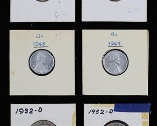 366	Mercury Dimes Steel Pennies Washington Quarters	1-1937 Denver Mint Mercury Dime. 1-1938 San Francisco Mercury Dime. 2-1943 BU Steel Pennies. 2-1932 Denver Mint Washington Quarters.
