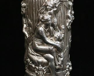 368	Repousse Silver Plated Vase Cupids & Nudes	Silverplate vase with repousse decoration of Cupids and nudes. 7 1/4"H.

