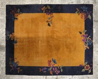 382	Art Deco Chinese Rug	Art deco Chinese rug. 9'9" x 7'8". Wear throughout, no fringe.

