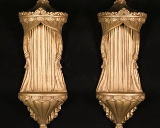 386	Pair of Resin Curtain Hanging Shelves	Pair of Design Toscano resin hanging wall shelves, curtain form. Each 26 3/4"L x 8 3/8"W x 7 1/4"D.
