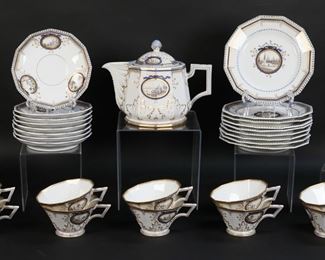 399	30 Piece Nymphenburg Pearl King Dessert Set	30 piece Nymphenburg German porcelain dessert / tea set. Teapot, lidded sugar bowl, creamer, 10 cups, 8 saucers, 9 dessert plates. Teapot 6 1/2"H, dessert plates 7 1/2"-diameter. All with green Nymphenburg marks to the undersides. Sugar bowl lines and repaired, dessert plates 4 with rim chips, 1 cup with rim chips,
