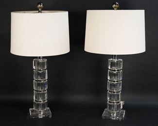 413	Pair of Modern Glass & Lucite Lamps	Pair of modern glass lamps on Lucite bases, fabric shades. Each 29 1/2"H including harps and finials. One lamp chipped at top edge, staining to shades.
