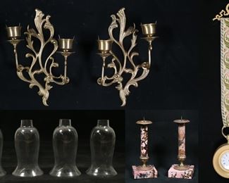 415	Lot of Decorative Items	5 piece lot of decorative items. Pair of brass sconces with glass hurricane shades, each 18 1/2"L; pair of rhodonite candlesticks, paper labels in Greek on the underside, each 7 1/4"H; Le Marais French bell pull alarm clock, clock 3 3/4"-diameter. Fraying to bell pull, chips to rims of shades below fittings.

