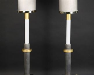 421	Pair of Modern Table Lamps	Pair of Restoration Hardware style mid-century modern table lamps. Brushed metal, with brushed metal and brass cylindrical shades. Each 30"H. Scratch to one column, light scratches to shades.
