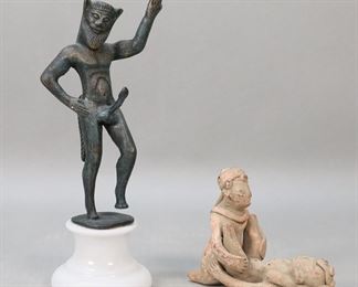 423	Greek Pan Figure & Pottery Erotic Figure	2 figures. Patinated metal Greek fertility Pan, on alabaster base, 10"H; erotic pottery figure, 5 1/4"L.
