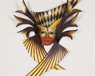 430	Michael Taylor Carnivale Mask Sculpture	Michael Taylor cast resin hand painted Venetian style Adara Carnivale mask hanging wall sculpture. Stamped artist's monogram. Approximately 31 1/2"W x 27 1/2"H. Some paint loss.
