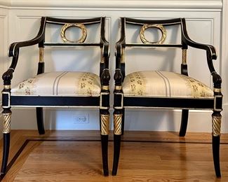 (2) Regency Style Upholstered Armchairs with Gold Gilt