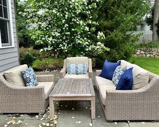 (2) Ballard Design Navio Armchairs, Ballard Design Teak Coffee Table & Ballard Design Navio Loveseat