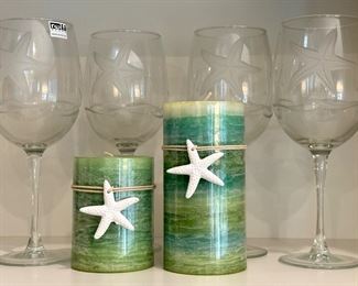 (4) Rolf Glass Wine Glasses & (2) Starfish Candles