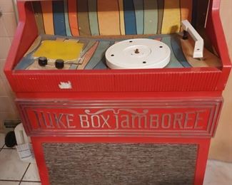 RED PLASTIC CHILDS JUKE BOX--WORKS