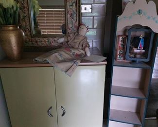 1970s YELLOW METAL KITCHEN CABINET---NARROW WOOD BOOKSHELF