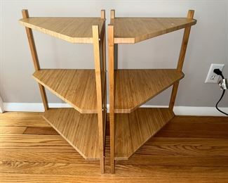 Pair of triangular 3-shelf side tables