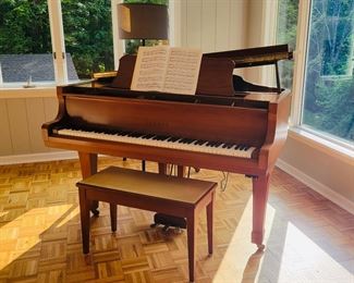 Gorgeous YAMAHA G-2 Satin Walnut 5’8” baby brand piano, made in Japan, with matching upholstered bench. Has damp chaser and internal and key covers. 