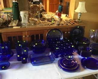 Cobalt Blue Dishes, Knives, Vintage Lamp