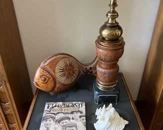 MCM Drexel end table, oversized Tonala pottery fish, vintage Stiffel lamp