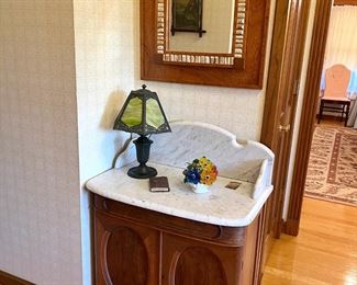 antique marble top wash stand with Miller stained glass lamp