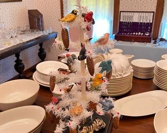 feather Christmas tree with Judi Vaillancourt folk art chalkware ornaments