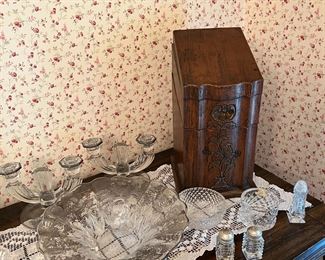 various glass pieces with antique wood knife/candle box