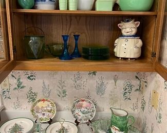 antique Shawnee "Winnie Pig" cookie jar, jadeite mixing bowl and various pieces, Pillsbury Doughboy doll, Spode Christmas Tree plates