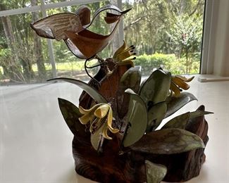 Norman Brumm  - signed
Copper Enamel Bird and Flowers on Burl Wood