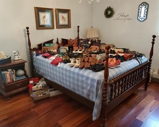 Signed bird prints by M. Booth Cabot
Designer handbags and shoes, size 6
Mahogany bed, double dresser, chest on chest & side table