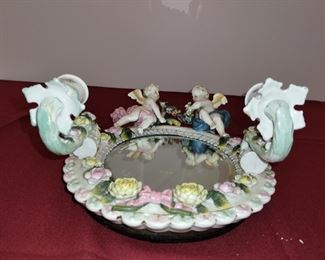 Beautiful vintage Dresden porcelain Sitzendorf wall mirror with cherubs and encrusted flowers with two candle holders 