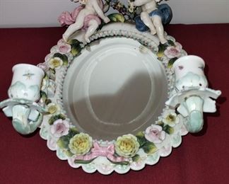 Beautiful vintage Dresden porcelain Sitzendorf wall mirror with cherubs and encrusted flowers with two candle holders 